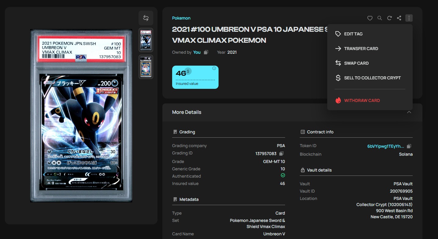 Collector Crypt portfolio showing the Withdraw Card button